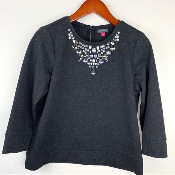 Vince Camuto Grey Jeweled Sweatshirt Top Bling - Picture 2 of 5